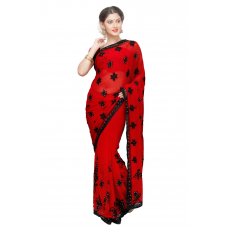 Incredible Red Colored Stone Worked Chiffon Saree 